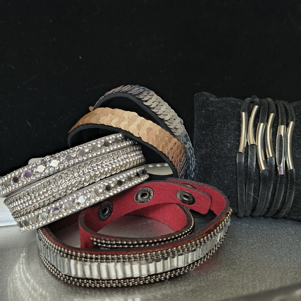 Mixed Stackable Bracelet Set - Red, Silver, Black, Rose Gold